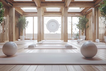Detailed Image of White and Wooden Yoga Studio Interior with Mats and Fitballs