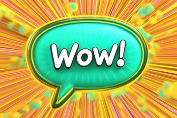 Yellow and Orange Stripes Behind Neon Green Wow Speech Bubble.