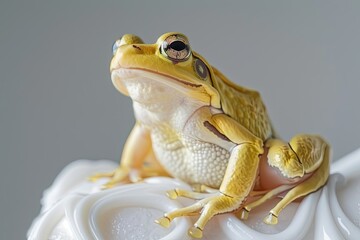 Vibrant Color Visual of a Yellow Frog Sitting on Top of a White Surface