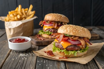 Juicy Bacon Cheeseburgers with Crispy Fries Gourmet Fast Food Photography