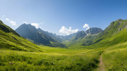 Obraz premium Panoramic View Of Green Valley And Mountain Range Under Bright Blue Sky In Sunny Day