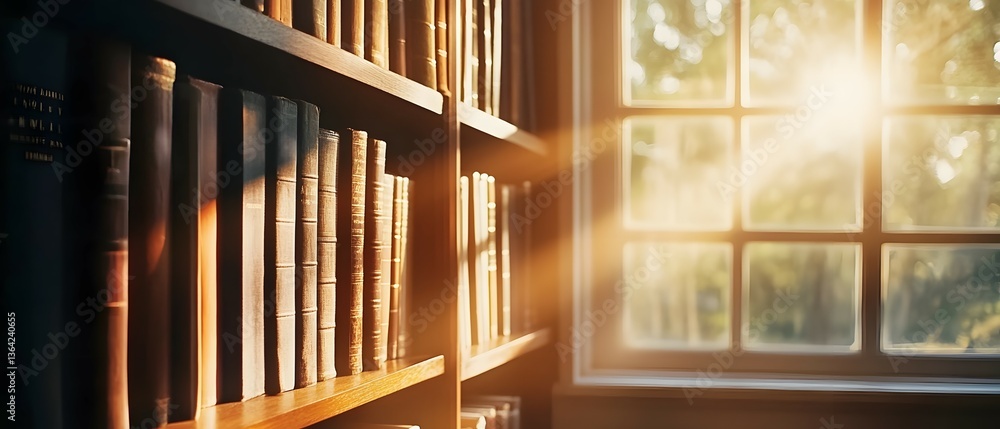 Poster a row of books being illuminated by soft natural sunlight streaming in from a window creating a cont