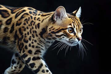 Obraz premium Asian leopard cat mid-stride, striking golden coat with dark spots, hyper-detailed whiskers, isolated.