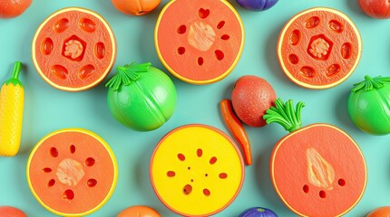 Colorful plastic toy fruits and vegetables arranged on light background