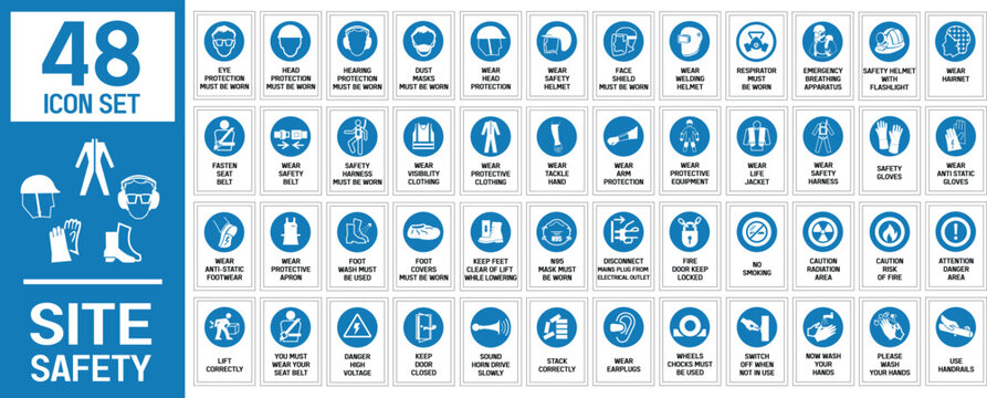 A comprehensive collection of 48 mandatory safety signs, designed for clarity and universal understanding.