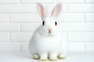 Obraz premium A cute fluffy white bunny, a small domestic pet, with adorable ears isolated on a white background