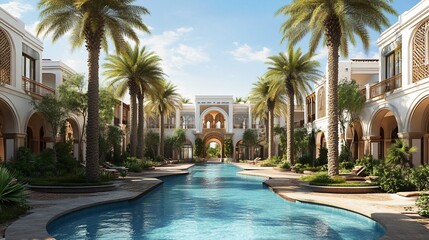 Oasis resort pool, palm trees, sunny day, architecture, brochure