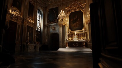 Obraz premium Ornate church interior, golden light illuminating altar.
