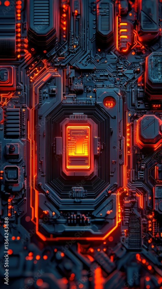 Poster circuit board detailed macro view of a computer component with bright, warm light