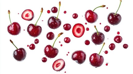 Fresh dark red cherries and strawberry slices are scattered randomly