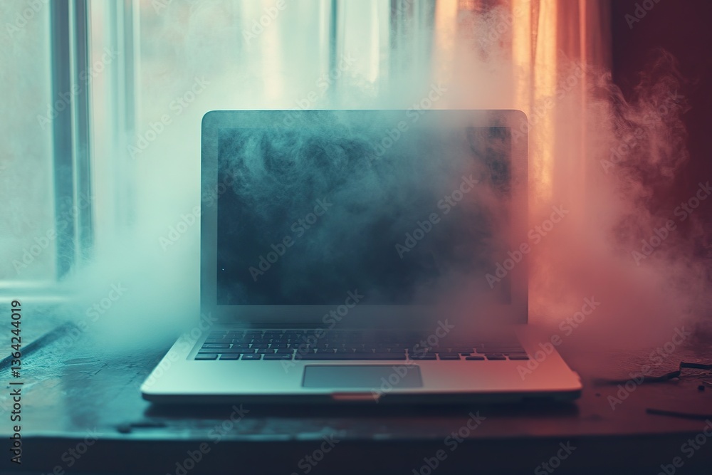 Poster a laptop computer encased in mysterious colorful mist indoors by window