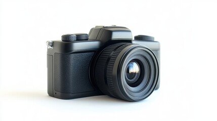 A black digital camera with a large lens on white background
