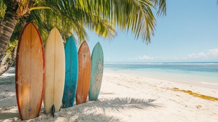 Tropical Beach Surfboards Under Palm Trees