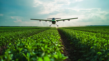 Agricultural airplane spraying crops in a green field under sunlight