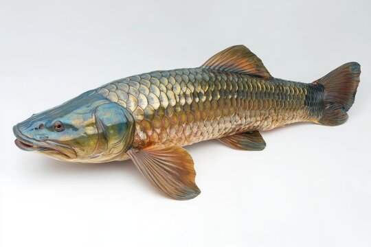 Giant arapaima fish from Southeast Asia, shimmering metallic scales, lifelike water reflections, isolated.
