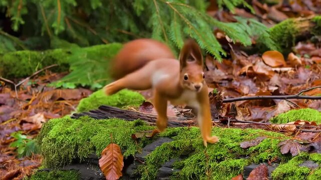 Red squirrel in mid-motion, gracefully jumping slowly on the earthy forest ground. Suitable for marketing or business purposes