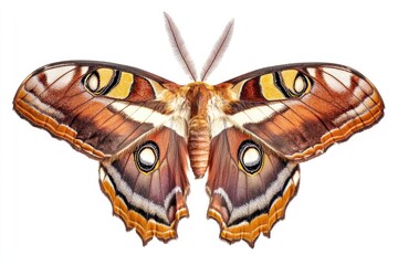Atlas moth with wings fully spread, rich brown and orange hues, delicate patterns, isolated.