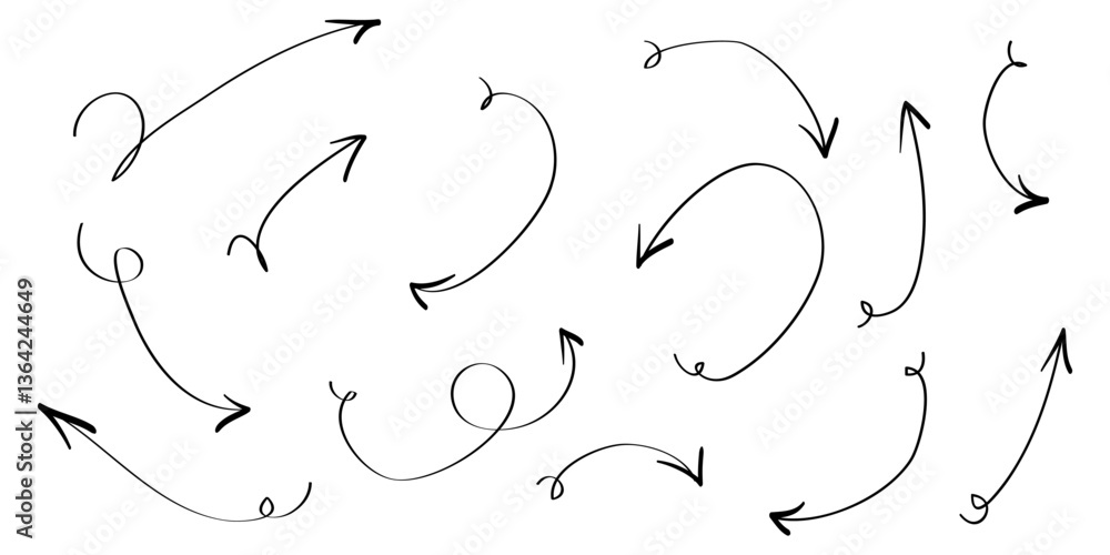 Poster doodle arrows icons set. hand drawn arrow icon with various directions. isolated on a white backgrou