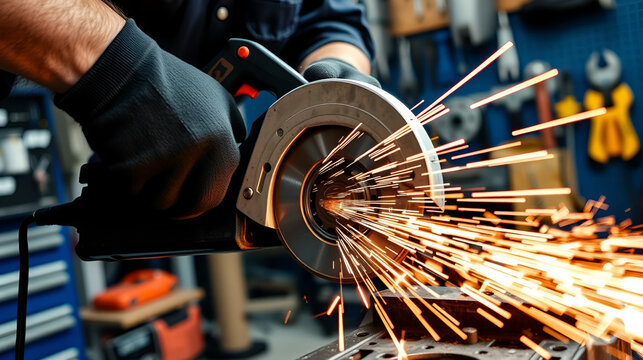 Close-up of a man sawing bearing metal with a hand circular saw, bright flashes flying in different directions, in the background tools for an auto repair shop. Work of auto mechanics.