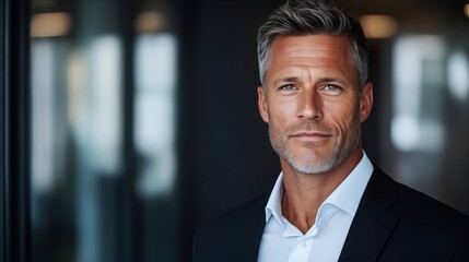 Fototapeta premium A man in a suit and white shirt looking at the camera