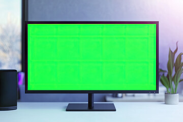 Ultra Hd Visual of Virtual Studio Background with Green Screen Monitor 3D Rendering