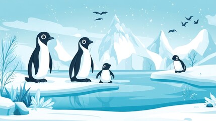 Obraz premium Antarctic Penguins Family Winter Landscape Illustration.
