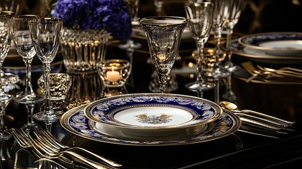 Fine dining table setting in a high-end restaurant, crystal glasses, designer plates, gold cutlery, candlelight and floral centerpiece, elegant ambiance perfect for hospitality and luxury events 