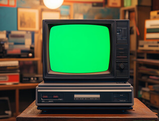 Retro Television With Green Screen Placed On a Receiver Against a Blurred Background