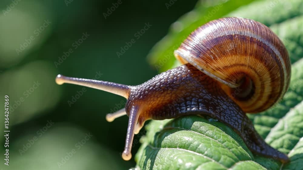 Poster close-up video of a snail on a leaf, captured from a side angle. the macro shot highlights the snail