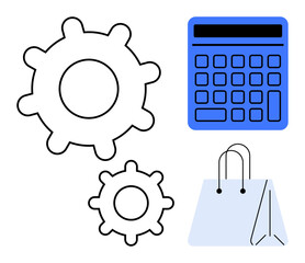 Gear wheels, calculator, and shopping bag symbolize teamwork, budget management, and shopping. Ideal for process optimization, finance, technology, e-commerce retail productivity flat simple