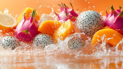 Vibrant Tropical Fruits Splashing in Water Dragon Fruit Mango Lemon Refreshing Summer