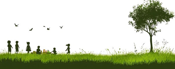 Children playing outdoors with a tall tree and flying birds in silhouette