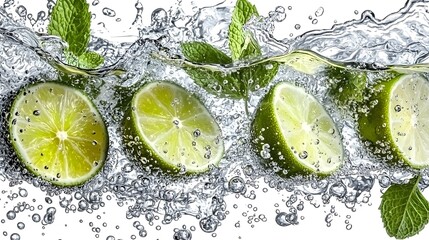 Refreshing Limes and Mint in Sparkling Water Splash Photography