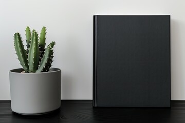 Black Book Mockup Wtih Cactus in a Pot on Dark Workspace Table and White Wall Background