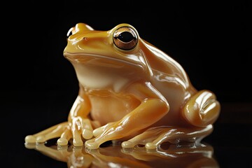 Golden tree frog sitting, smooth glossy skin reflecting soft light, detailed webbed fingers, isolated.