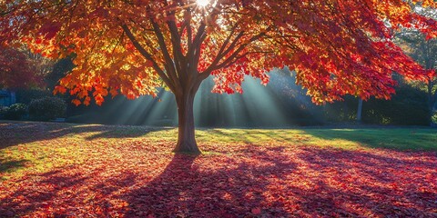  Sunlight filtering through the vibrant red and orange leaves of a liquidambar tree, casting colorful shadows on the ground. 