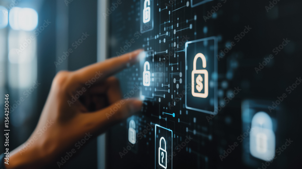 Poster cyber security: a hand interacts with a digital interface, highlighting open lock icon. capturing th