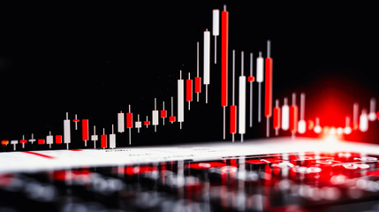 Market Analysis: The dynamic interplay of financial data is captured in a close-up shot of candlestick charts against a deep black background, illustrating market volatility, investment strategies.