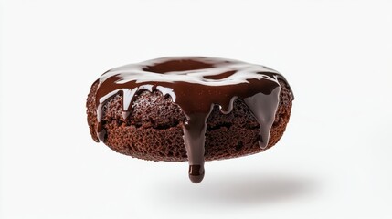 A single chocolate donut covered with decadent dripping chocolate icing