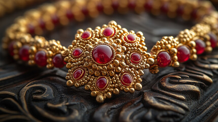 Obraz premium Vintage gold bracelet with red gemstones on ornate background 