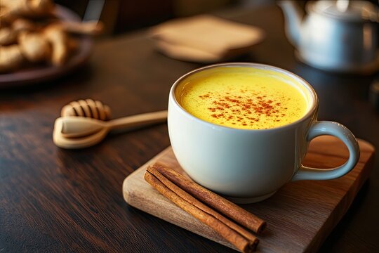 Golden turmeric latte in a delicate porcelain cup, served with cinnamon sticks and honey on a dark wood restaurant counter. - Powered by Adobe