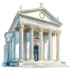 Obraz premium Architectural Illustration of a Classical Temple with Corinthian Columns and Cross. 