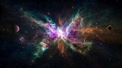 Fototapeta premium Vibrant Nebula Displaying Purple Blue And Orange Hues With Star Clusters And Planets Against Dark Background