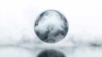 Fototapeta premium A transparent orb reflecting clouds above mirrored water surface