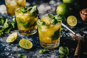 Brazilian caipirinha in a short glass, muddled lime and sugar, refreshing cocktail, isolated.