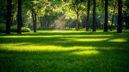 Fototapeta premium Sunlit Green Park Meadow Sunlight Trees of excellence in splendor beyond compare with grace