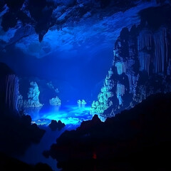 Obraz premium Underground blue cave lake, glowing water, stalactites, dark background, fantasy artwork, ideal for fantasy game backgrounds