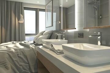 Vibrant Color Visual of Grey Hotel Studio Interior with Bed, Double Sink and Panoramic Window