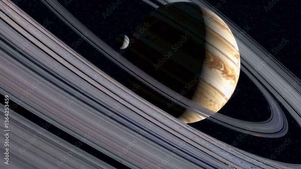 Poster a cosmic video scene with a low-angle view of a planet and its rings, illuminated by a distant sun, 