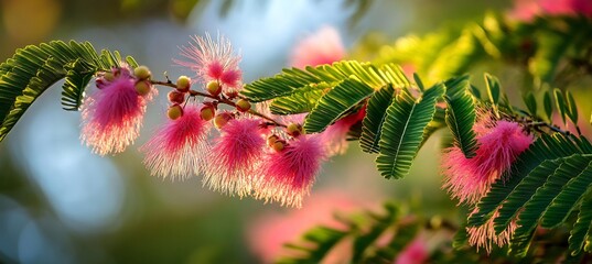  The bright, feathery leaves of a mimosa tree glowing in the gentle morning light, with a few pink blossoms visible. 